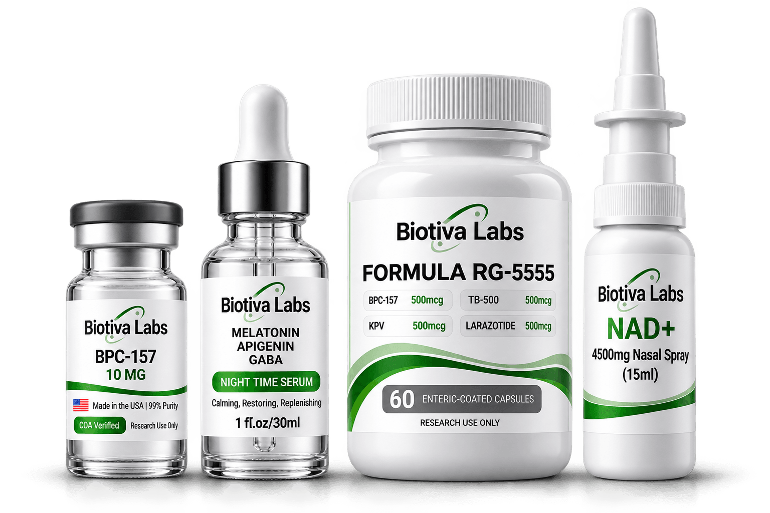 Biotiva Labs research products across vial, serum, capsules, and nasal spray formats